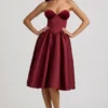 Gabrielle Strapless Corset Midi Dress in Wine Red