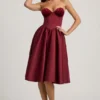 Gabrielle Strapless Corset Midi Dress in Wine Red