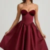 Gabrielle Strapless Corset Midi Dress in Wine Red