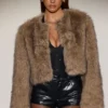 Galaia Cropped Faux-Fur Jacket in Light Brown