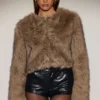 Galaia Cropped Faux-Fur Jacket in Light Brown