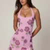 Galene Embellished Halterneck Mini Dress in Soft Pink