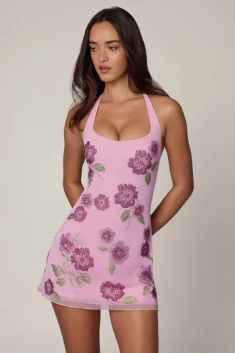 Galene Embellished Halterneck Mini Dress in Soft Pink