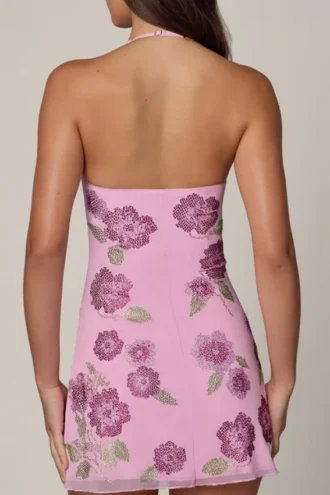 Galene Embellished Halterneck Mini Dress in Soft Pink