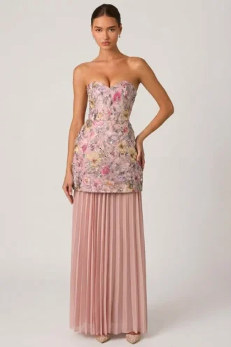 Galia Embellished Convertible Lace-Up Gown in Floral Pink