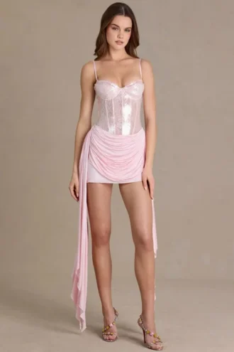 Genevieve Embellished Lace Corset Mini Dress in Baby Pink
