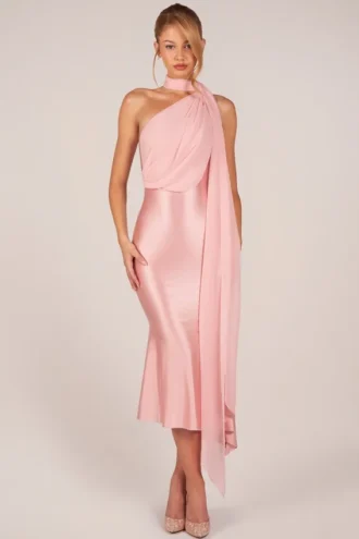 Giada Scarf-Detail Midaxi Dress in Blush Pink