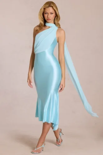 Giada Scarf-Detail Midaxi Dress in Soft Aqua