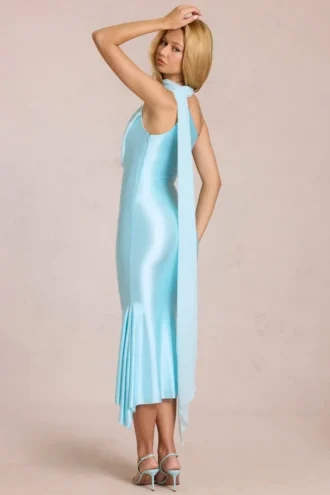 Giada Scarf-Detail Midaxi Dress in Soft Aqua