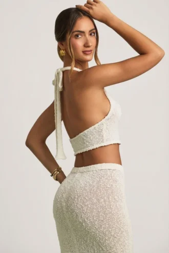 Gianna Bouclé Halterneck Crop Top in White