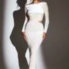 Ginevra Velvet Long Sleeve Maxi Dress in Ivory