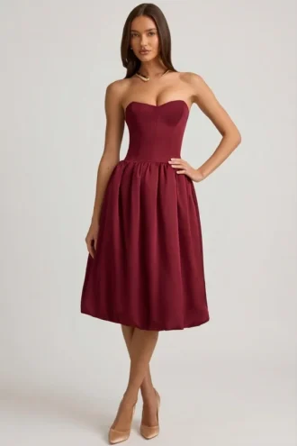 Gloriana Convertible Bow-Detail Bubble Hem Midaxi Dress in Wine Red