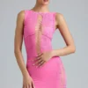 Gracie Embellished Lace-Up High-Neck Top in Bubblegum Pink