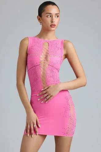 Gracie Embellished Lace-Up High-Neck Top in Bubblegum Pink