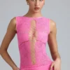 Gracie Embellished Lace-Up High-Neck Top in Bubblegum Pink