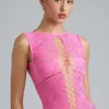 Gracie Embellished Lace-Up High-Neck Top in Bubblegum Pink