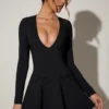 Graciela Bow-Detail Plunge-Neck A-Line Mini Dress in Black