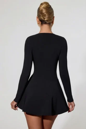 Graciela Bow-Detail Plunge-Neck A-Line Mini Dress in Black