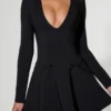 Graciela Bow-Detail Plunge-Neck A-Line Mini Dress in Black