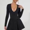 Graciela Bow-Detail Plunge-Neck A-Line Mini Dress in Black