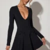 Graciela Bow-Detail Plunge-Neck A-Line Mini Dress in Black