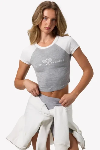 Graphic-Print Cropped T-Shirt in Grey Marl
