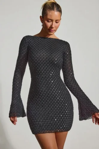 Grazina Embellished Open-Back A-Line Mini Dress in Black