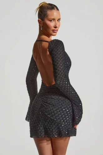 Grazina Embellished Open-Back A-Line Mini Dress in Black