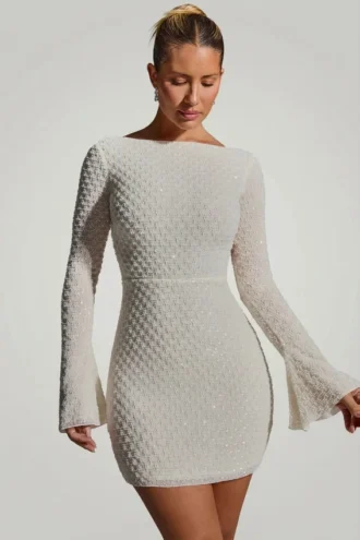 Grazina Embellished Open-Back A-Line Mini Dress in White