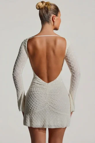 Grazina Embellished Open-Back A-Line Mini Dress in White
