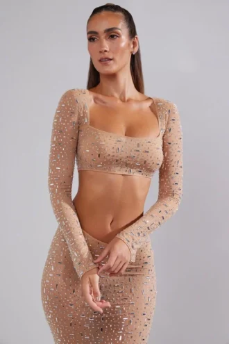 Guilia Sheer Embellished Long Sleeve Crop Top in Almond