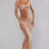 Guilia Sheer Embellished Long Sleeve Crop Top in Almond
