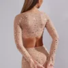 Guilia Sheer Embellished Long Sleeve Crop Top in Almond