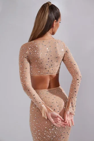 Guilia Sheer Embellished Long Sleeve Crop Top in Almond