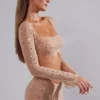 Guilia Sheer Embellished Long Sleeve Crop Top in Almond