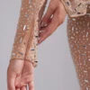 Guilia Sheer Embellished Long Sleeve Crop Top in Almond