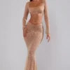 Guilia Sheer Embellished Long Sleeve Crop Top in Almond