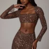 Thalassa Sheer Embellished V Waist Mini Skirt in Deep Cocoa