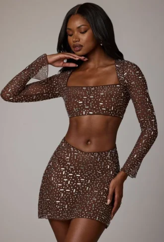 Guilia Sheer Embellished Long Sleeve Crop Top in Deep Cocoa