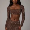 Thalassa Sheer Embellished V Waist Mini Skirt in Deep Cocoa