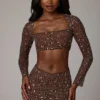 Thalassa Sheer Embellished V Waist Mini Skirt in Deep Cocoa