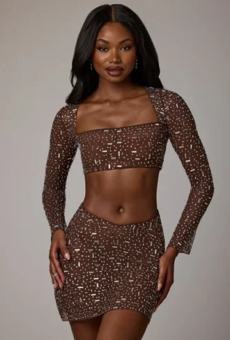 Thalassa Sheer Embellished V Waist Mini Skirt in Deep Cocoa