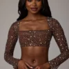 Guilia Sheer Embellished Long Sleeve Crop Top in Deep Cocoa