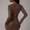 Thalassa Sheer Embellished V Waist Mini Skirt in Deep Cocoa