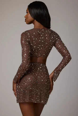 Thalassa Sheer Embellished V Waist Mini Skirt in Deep Cocoa