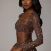 Guilia Sheer Embellished Long Sleeve Crop Top in Deep Cocoa