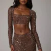 Guilia Sheer Embellished Long Sleeve Crop Top in Deep Cocoa