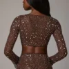 Guilia Sheer Embellished Long Sleeve Crop Top in Deep Cocoa