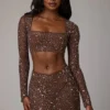 Guilia Sheer Embellished Long Sleeve Crop Top in Deep Cocoa