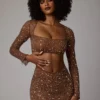 Thalassa Sheer Embellished V Waist Mini Skirt in Mocha